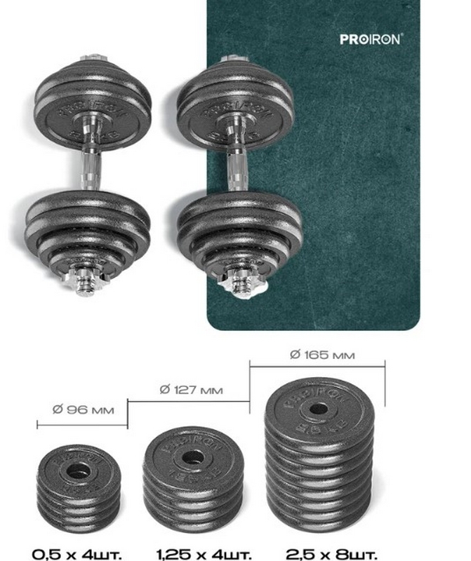 Гантели разборные из чугуна с грифом 2шт по 15кг PROIRON Г2150Ч 671_800