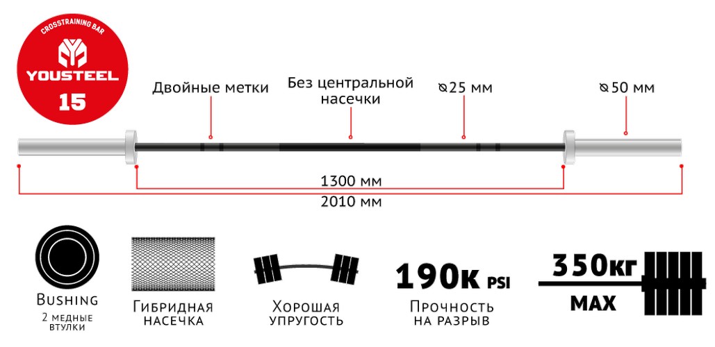 Гриф для штанги L201 см D50мм YouSteel Training Bar XF-15 красный+хром 1029_500